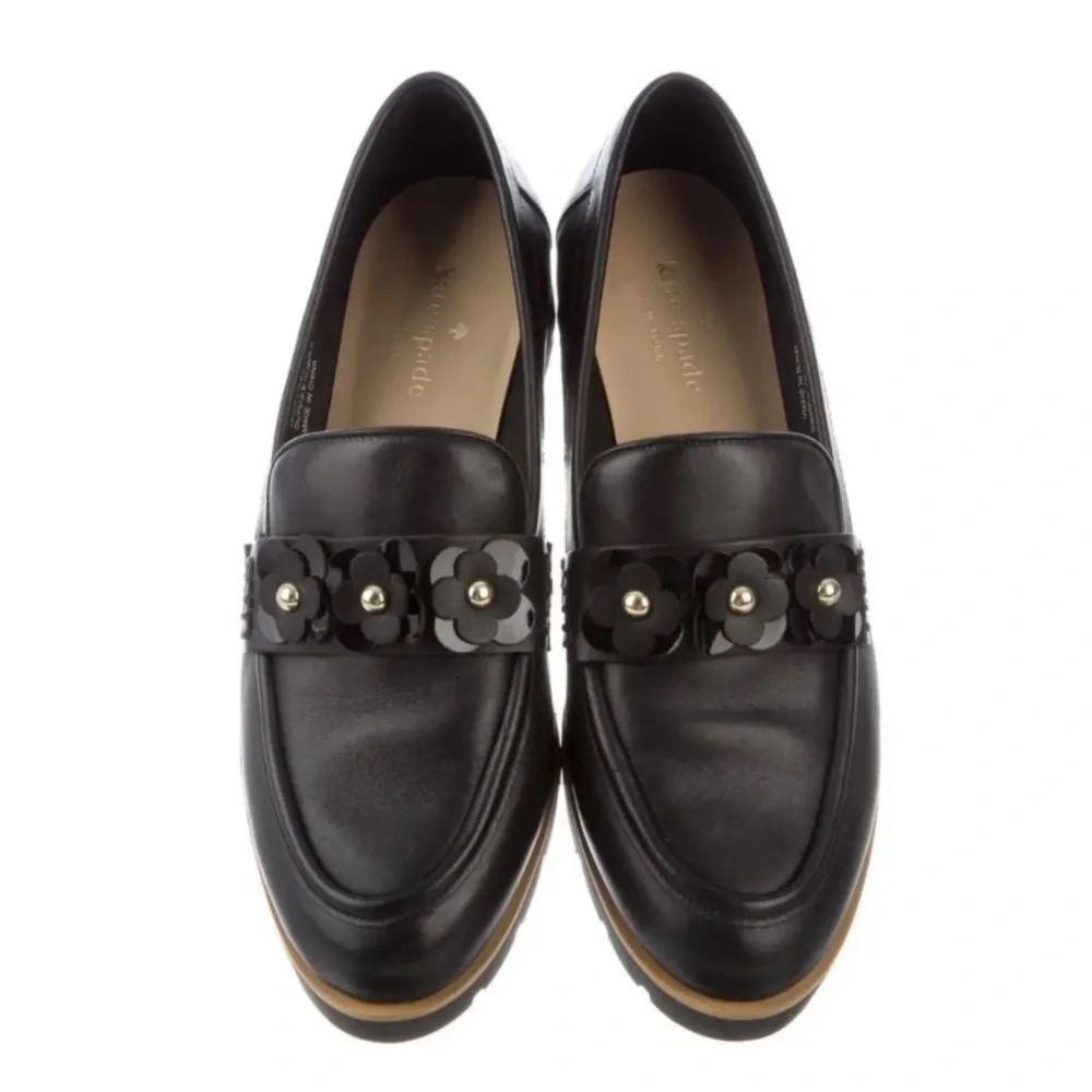 Kate Spade Karisa Black Leather Loafers, black floral/gold accent 7 1/2